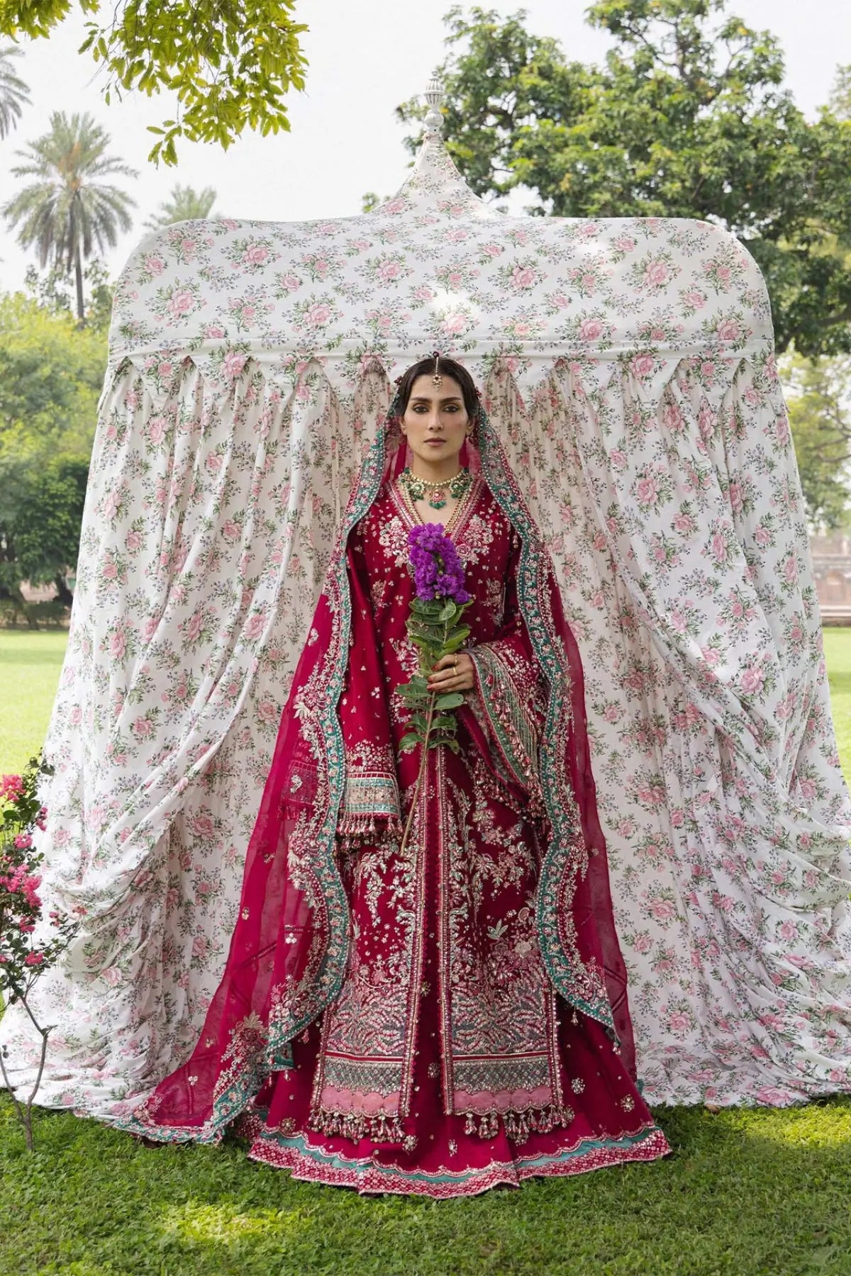 Sher Bano Hussain Rehar fuchsia pink embroidered stitched jacket and lehenga with organza dupatta