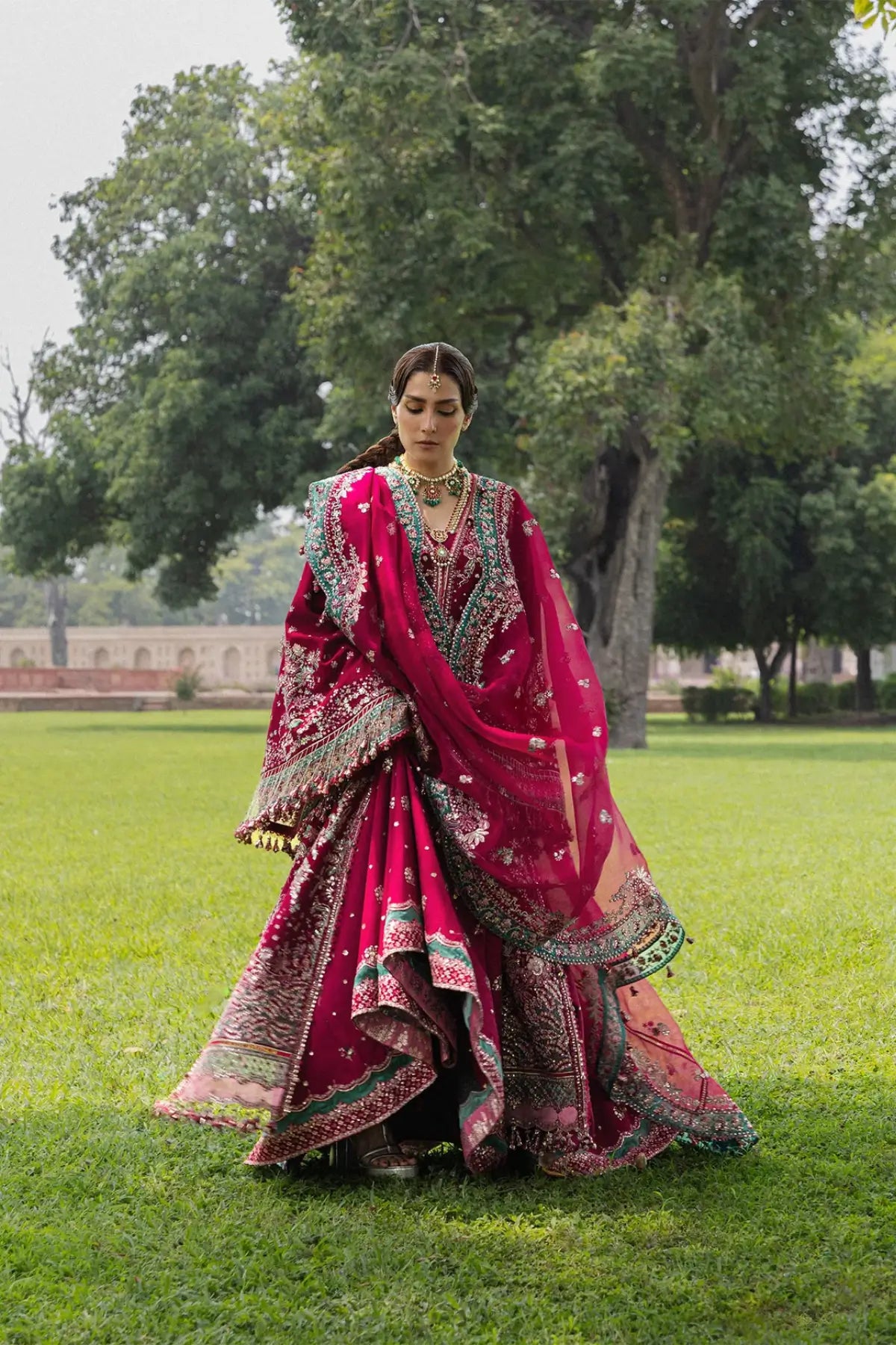 Sher Bano Hussain Rehar fuchsia pink embroidered stitched jacket and lehenga with organza dupatta