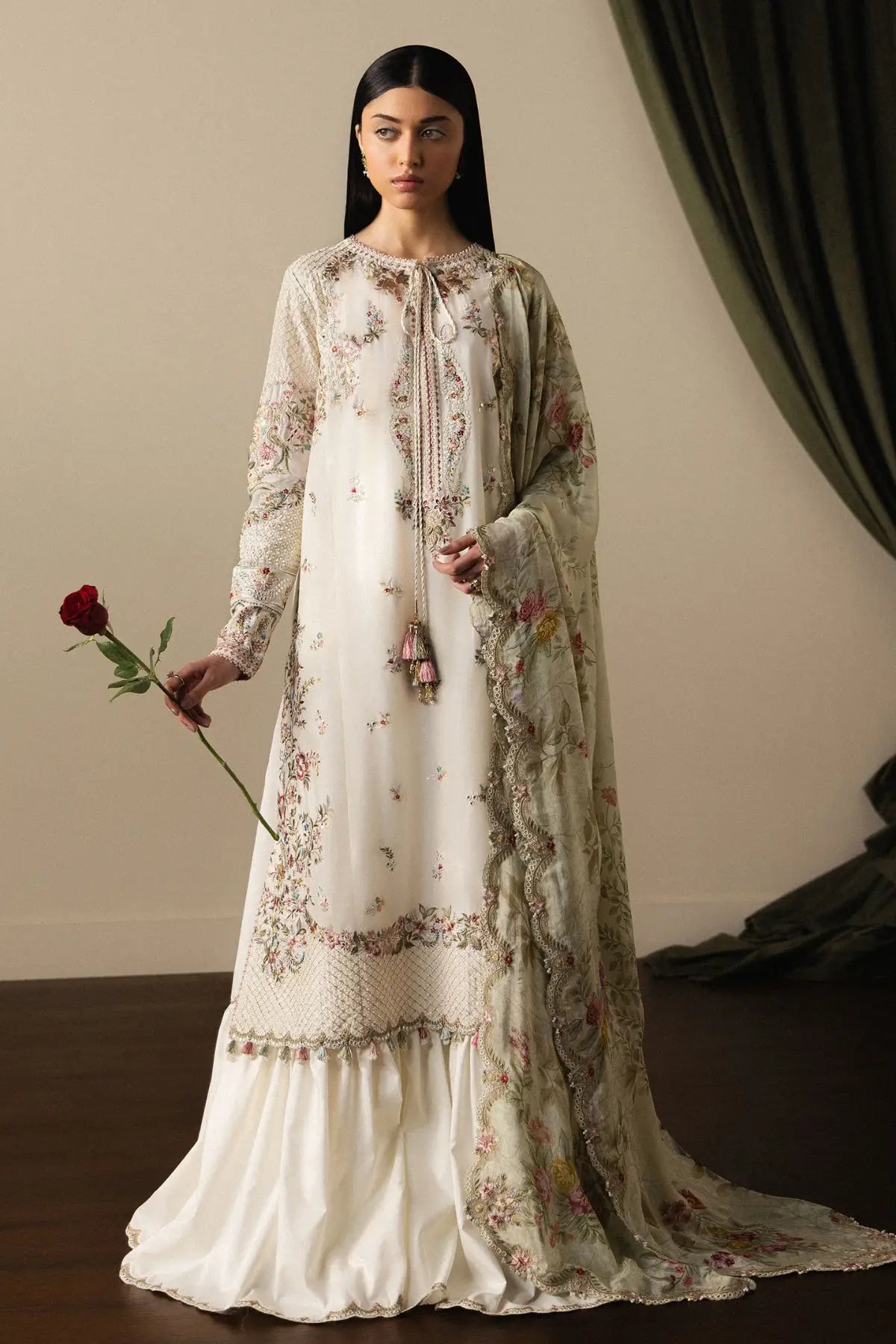 Zara Shahjahan Shiori-D5 off-white floral embroidered lawn suit with pistachio dupatta and cambric trousers