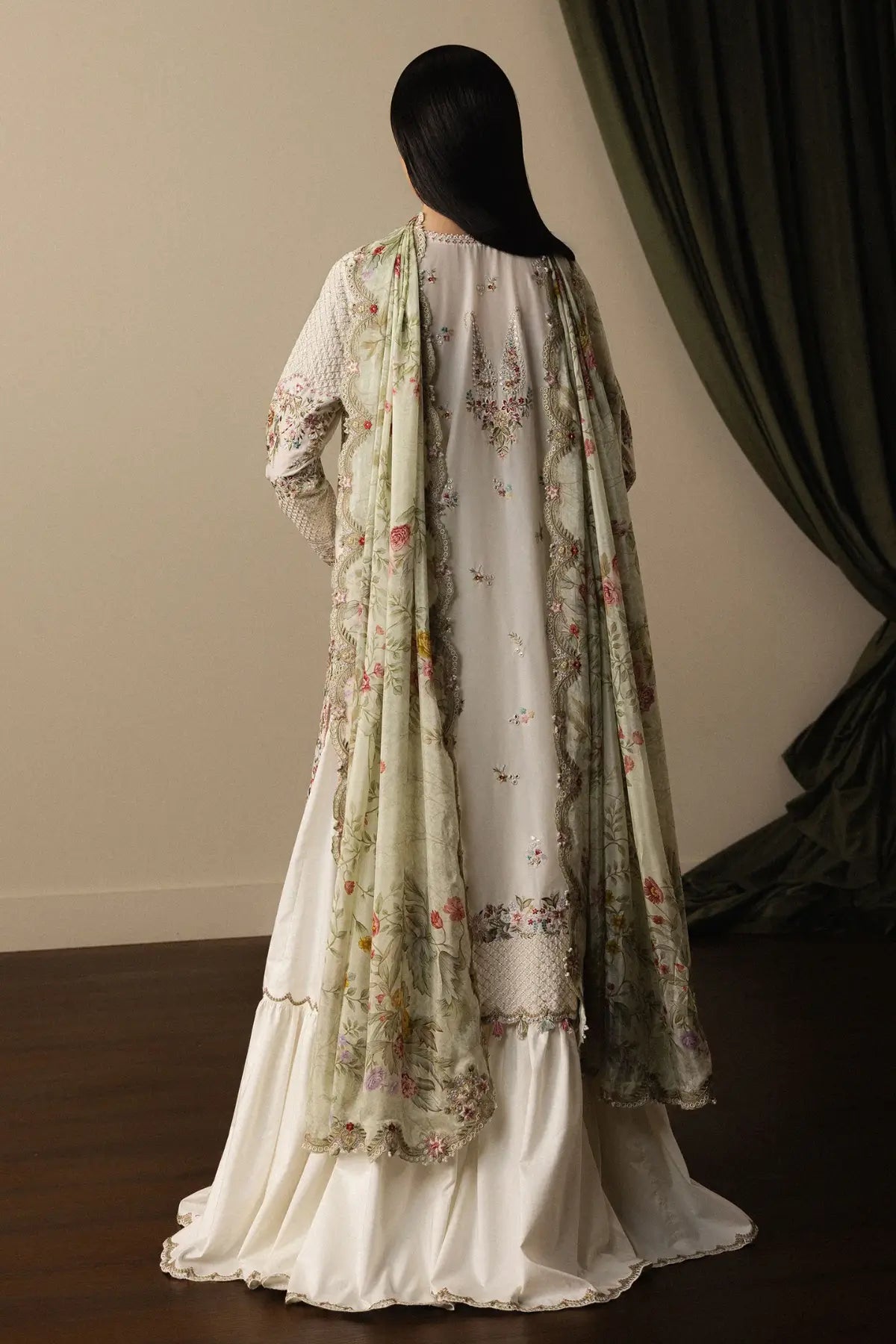 Zara Shahjahan Shiori-D5 off-white floral embroidered lawn suit with pistachio dupatta and cambric trousers