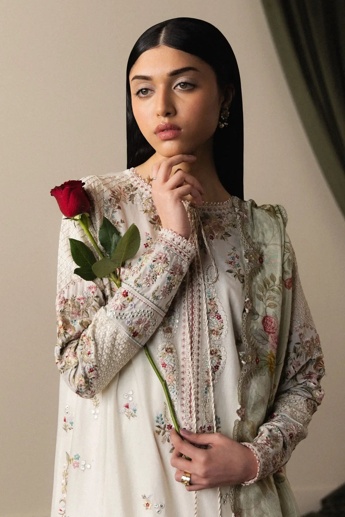 Zara Shahjahan Shiori-D5 off-white floral embroidered lawn suit with pistachio dupatta and cambric trousers