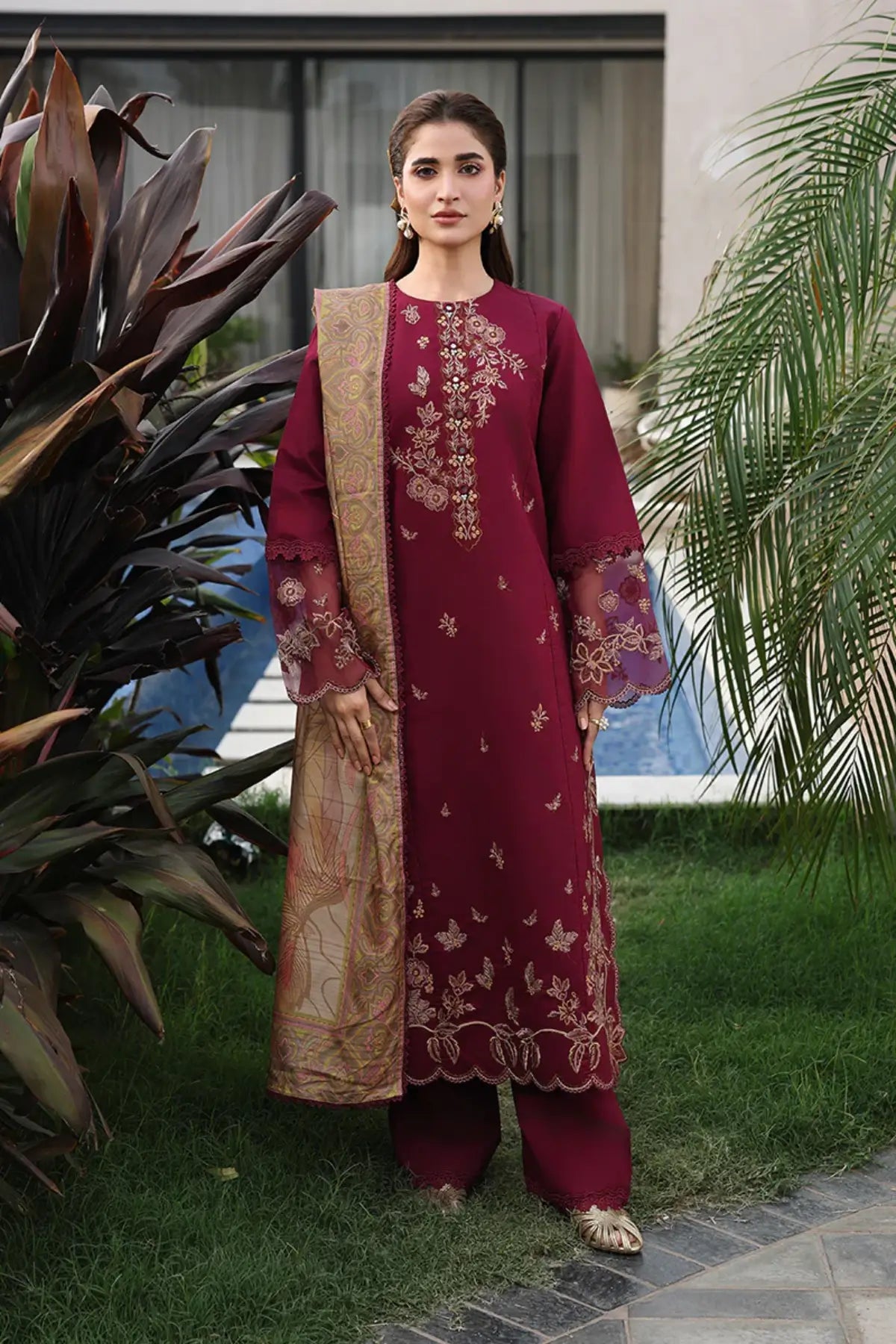 Shirin by Rang Rasiya Garnet Embroidered Lawn Stitched 3PC Suit with Printed Tasser Silk Dupatta