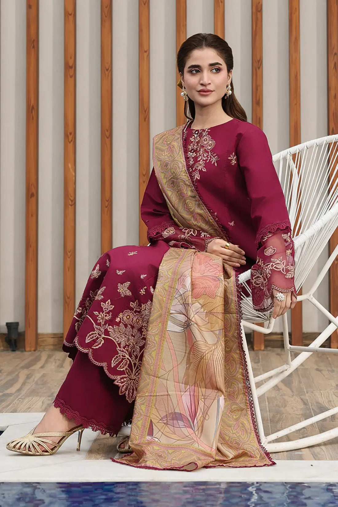 Shirin by Rang Rasiya Garnet Embroidered Lawn Stitched 3PC Suit with Printed Tasser Silk Dupatta