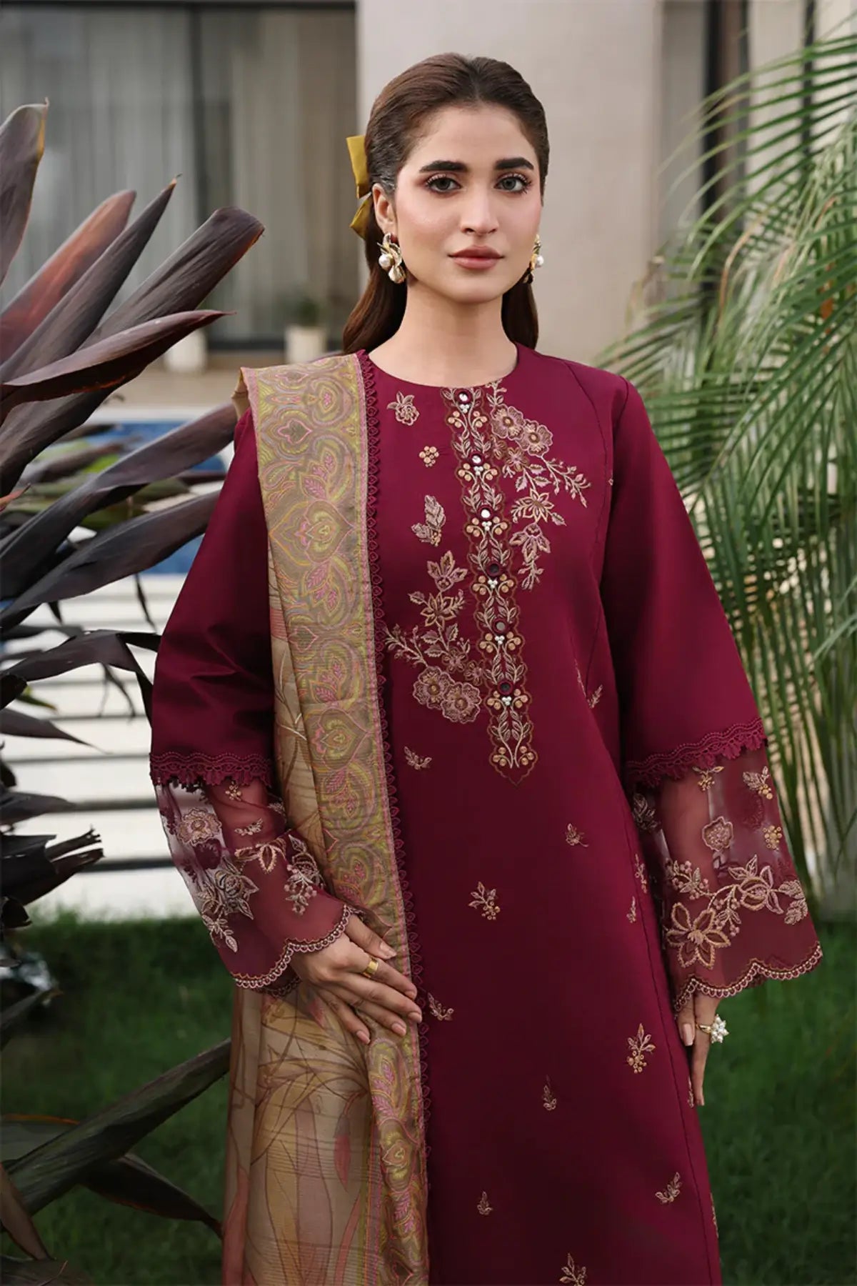 Shirin by Rang Rasiya Garnet Embroidered Lawn Stitched 3PC Suit with Printed Tasser Silk Dupatta