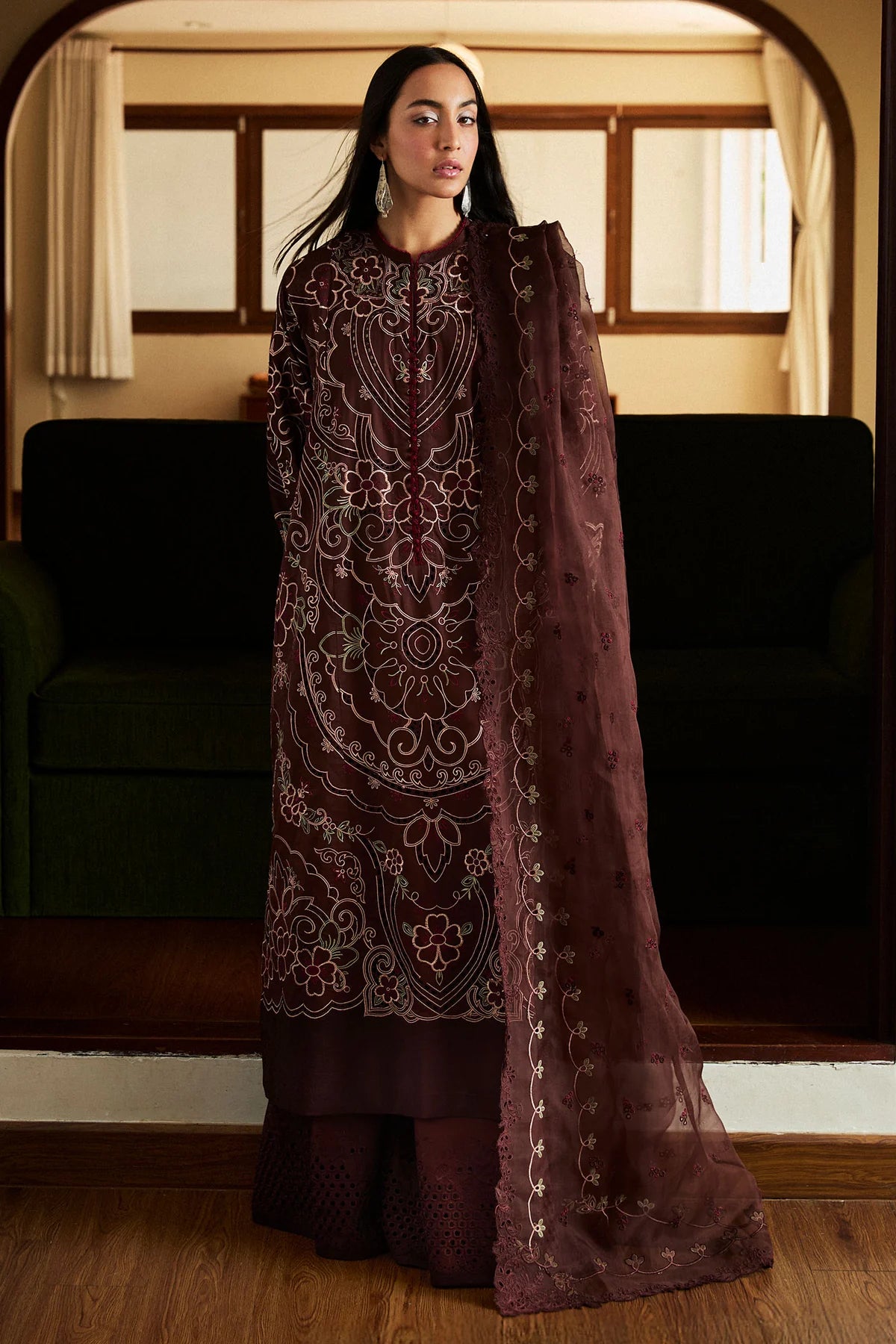 Shizumi-4B- Embroidered Dark Brown Lawn Ensemble By- Zara Shahjahan