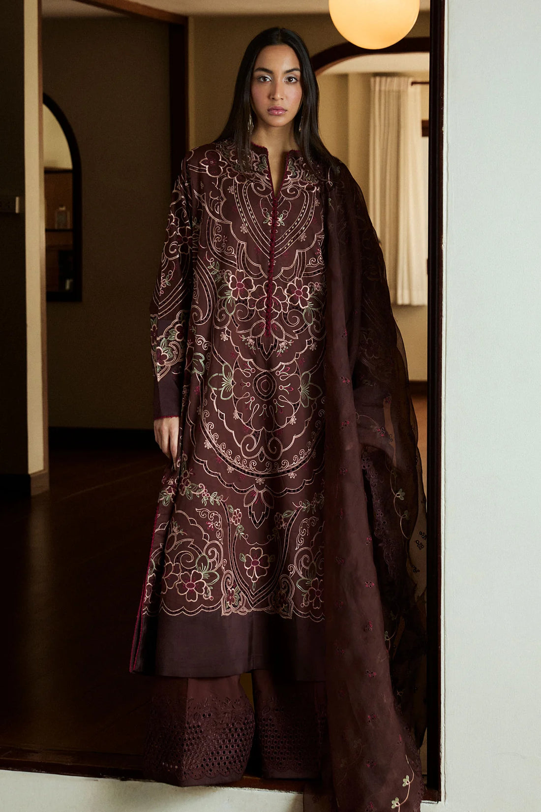 Shizumi-4B- Embroidered Dark Brown Lawn Ensemble By- Zara Shahjahan