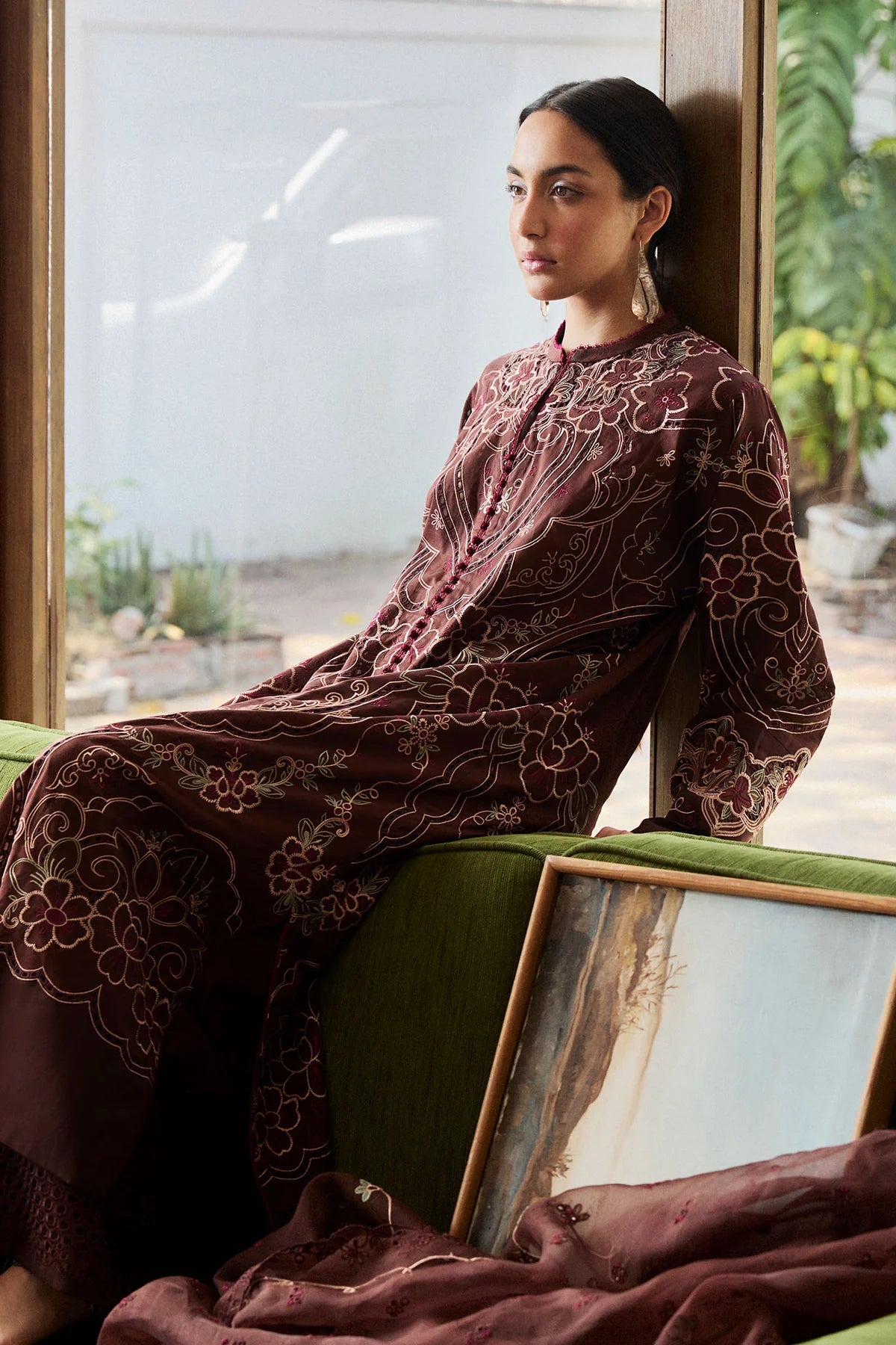 Shizumi-4B- Embroidered Dark Brown Lawn Ensemble By- Zara Shahjahan