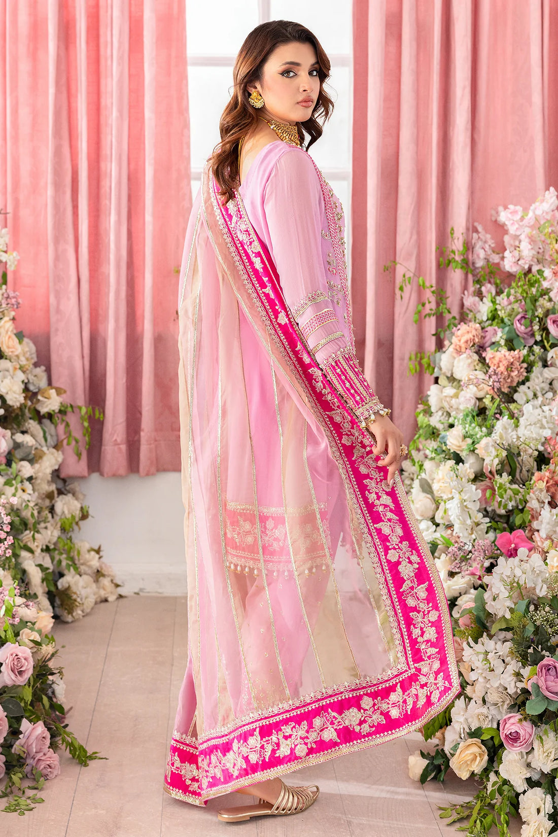 Charizma DD5-01 stitched pink chiffon dress with embroidery and organza dupatta – Diamond Dust collection available at Pakistanimoda with global shipping