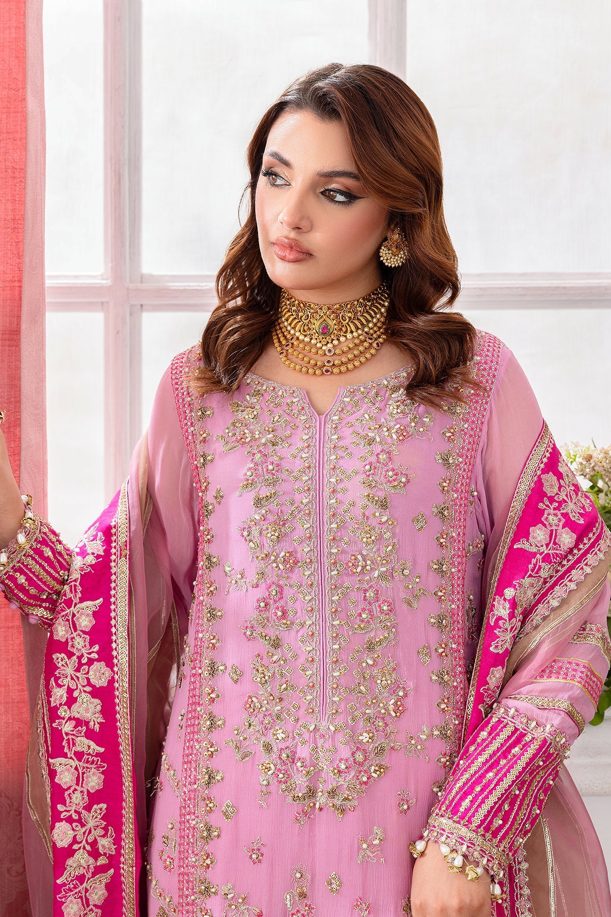 Charizma DD5-01 stitched pink chiffon dress with embroidery and organza dupatta – Diamond Dust collection available at Pakistanimoda with global shipping