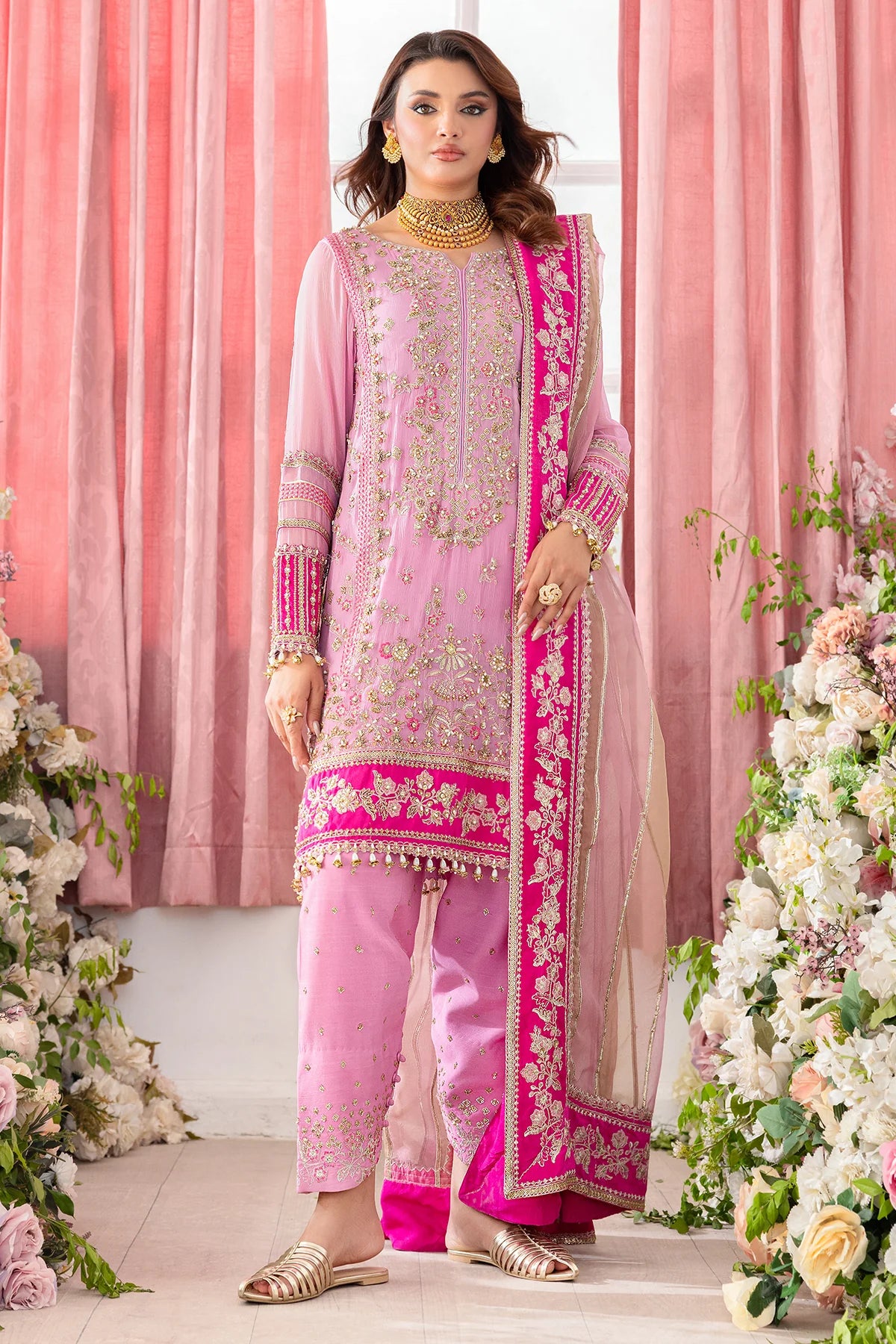Charizma DD5-01 stitched pink chiffon dress with embroidery and organza dupatta – Diamond Dust collection available at Pakistanimoda with global shipping