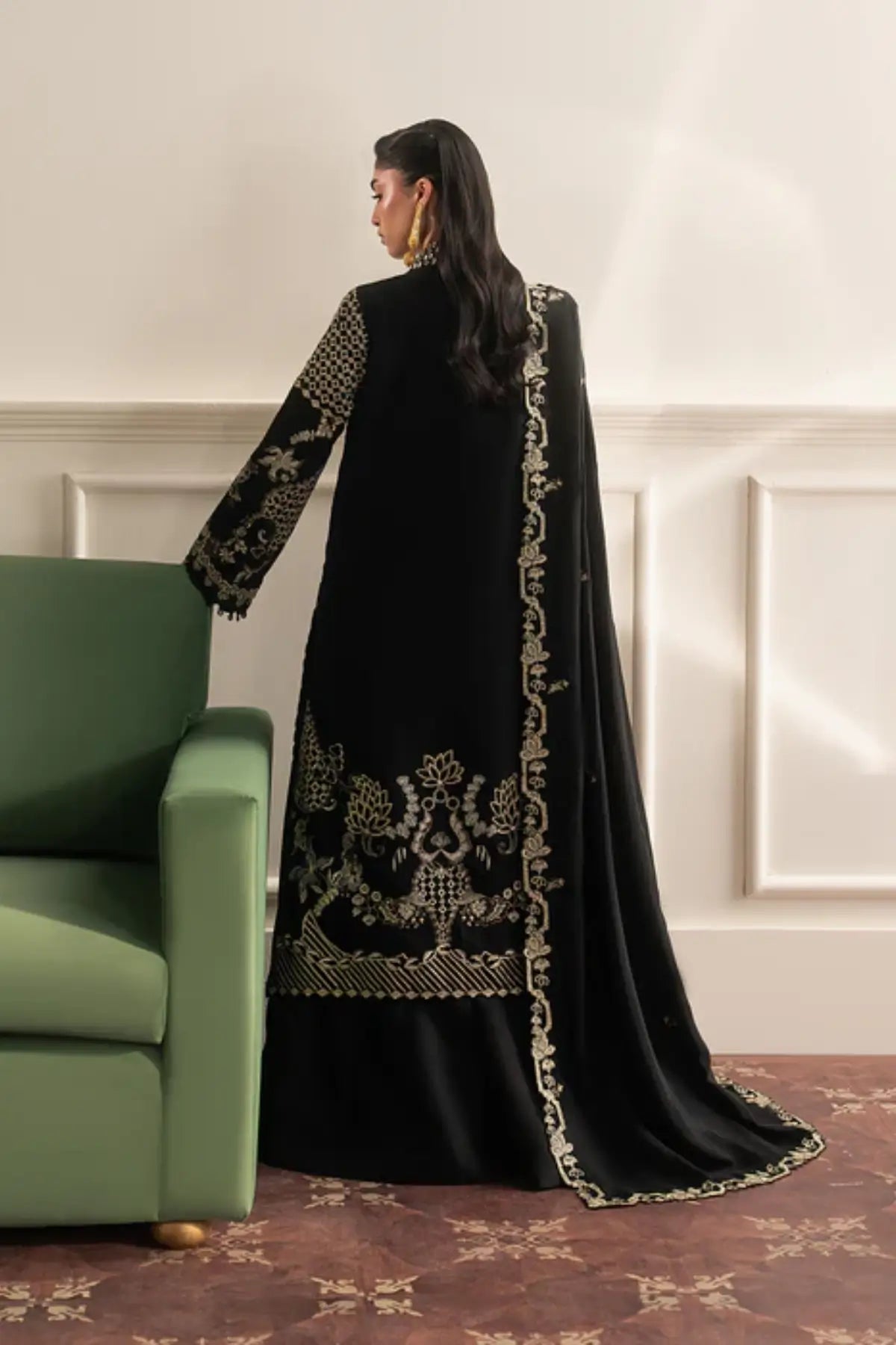 Siah Golzar by Sadaf Fawad Khan black gold festive sharara dress from Roya Lumière Collection
