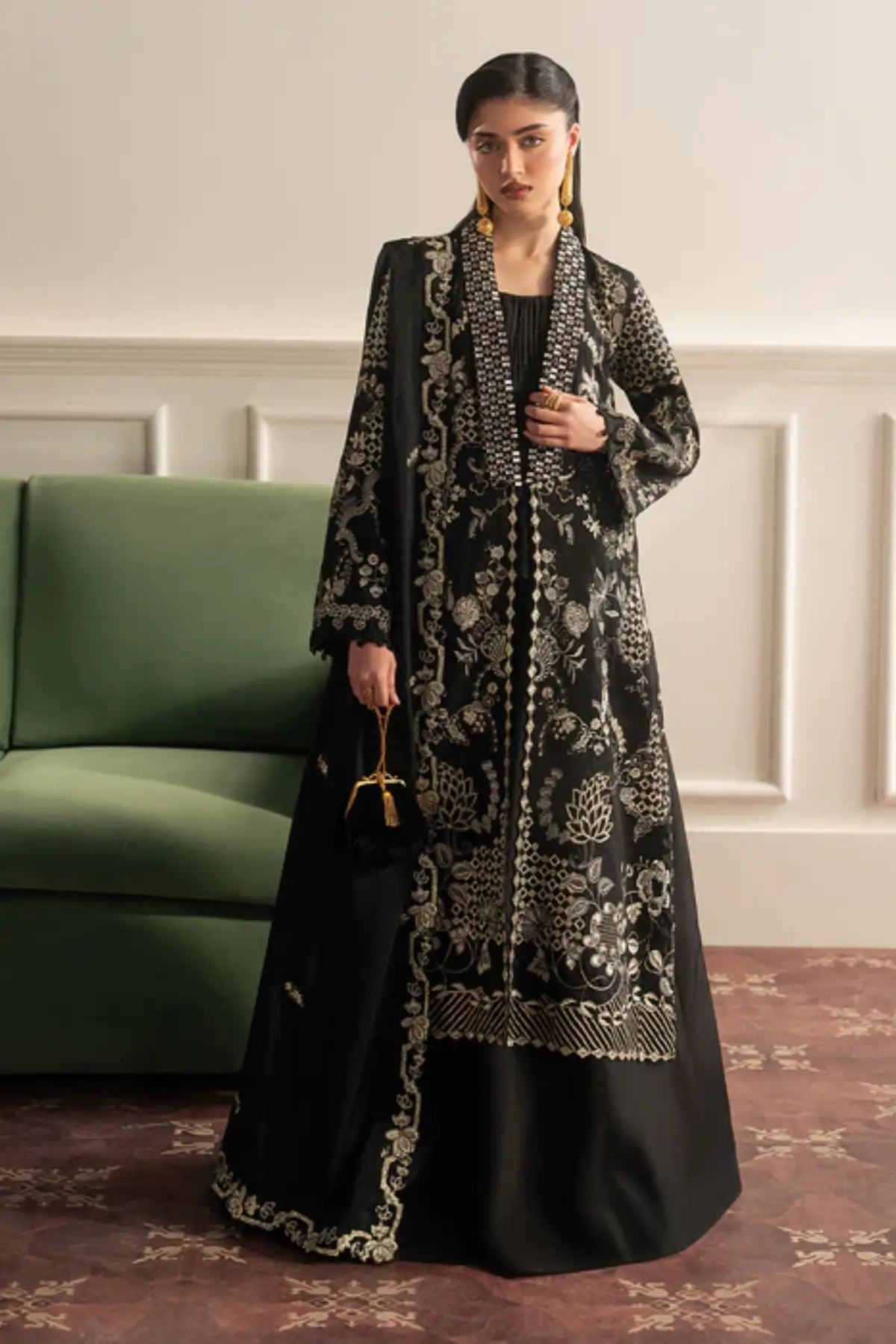Siah Golzar by Sadaf Fawad Khan black gold festive sharara dress from Roya Lumière Collection