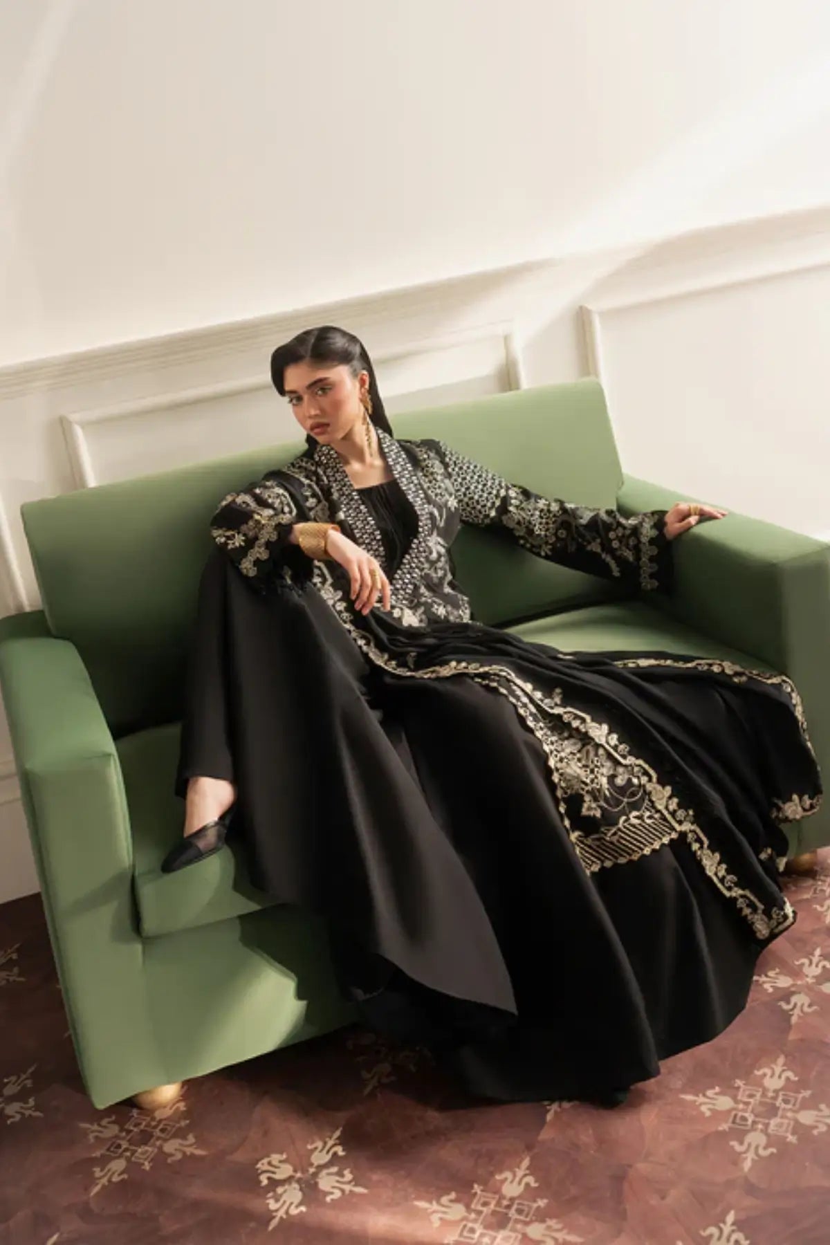 Siah Golzar by Sadaf Fawad Khan black gold festive sharara dress from Roya Lumière Collection