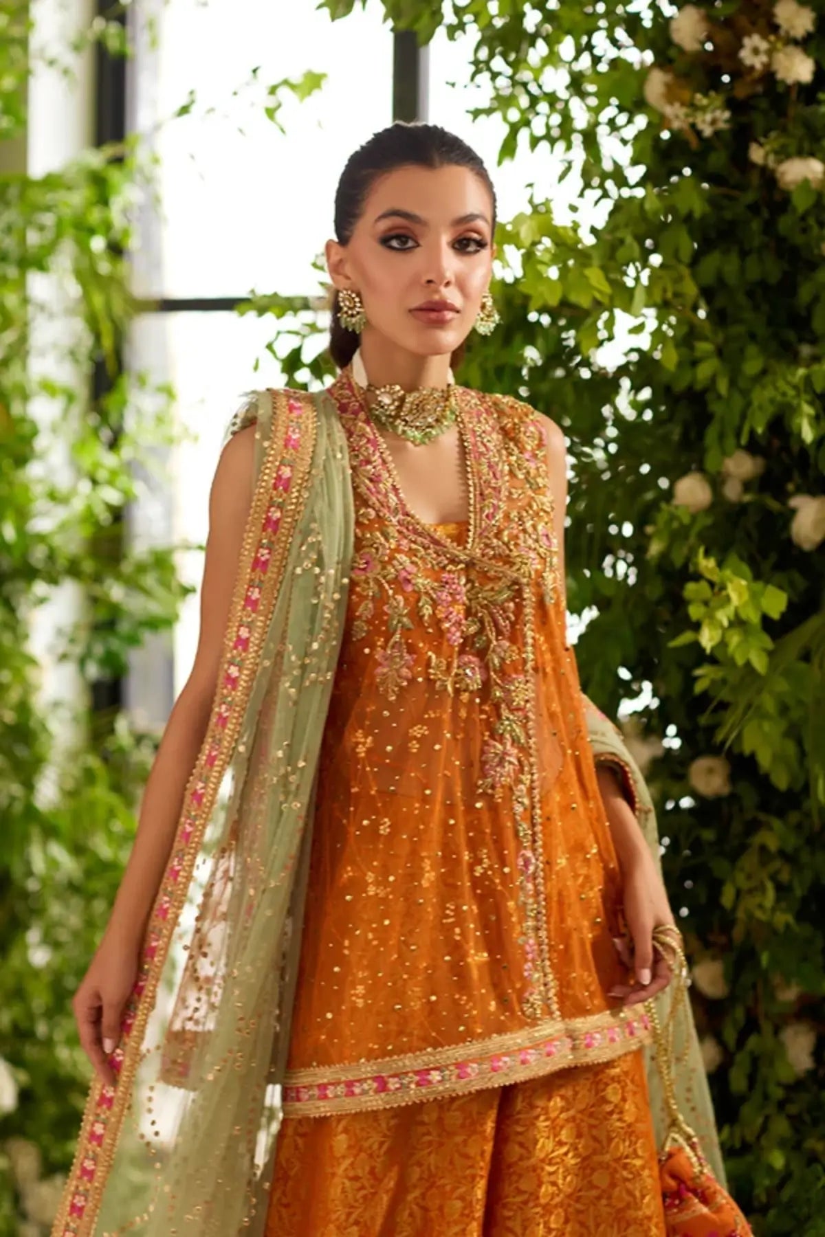Sienna Rust Orange Handmade Formal Net Shirt with Floral Embroidery, Silk Jamawar Wide Leg Pants and Net Dupatta