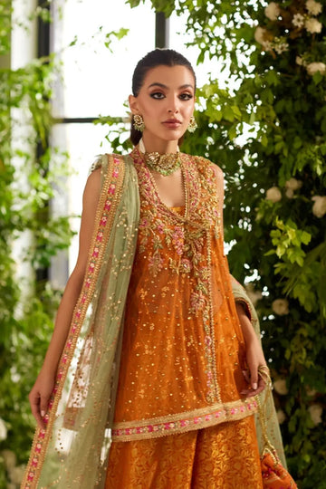 Sienna Rust Orange Handmade Formal Net Shirt with Floral Embroidery, Silk Jamawar Wide Leg Pants and Net Dupatta