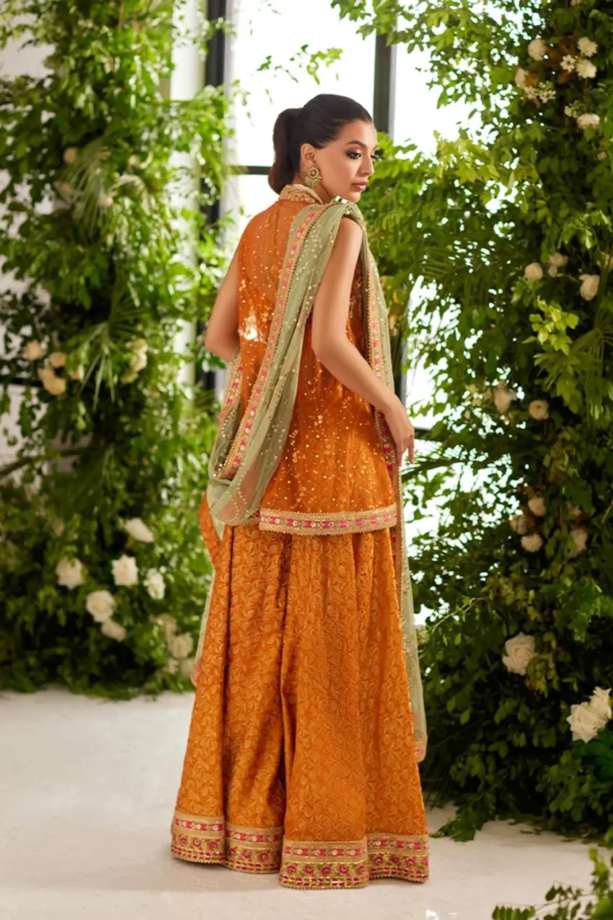 Sienna Rust Orange Handmade Formal Net Shirt with Floral Embroidery, Silk Jamawar Wide Leg Pants and Net Dupatta
