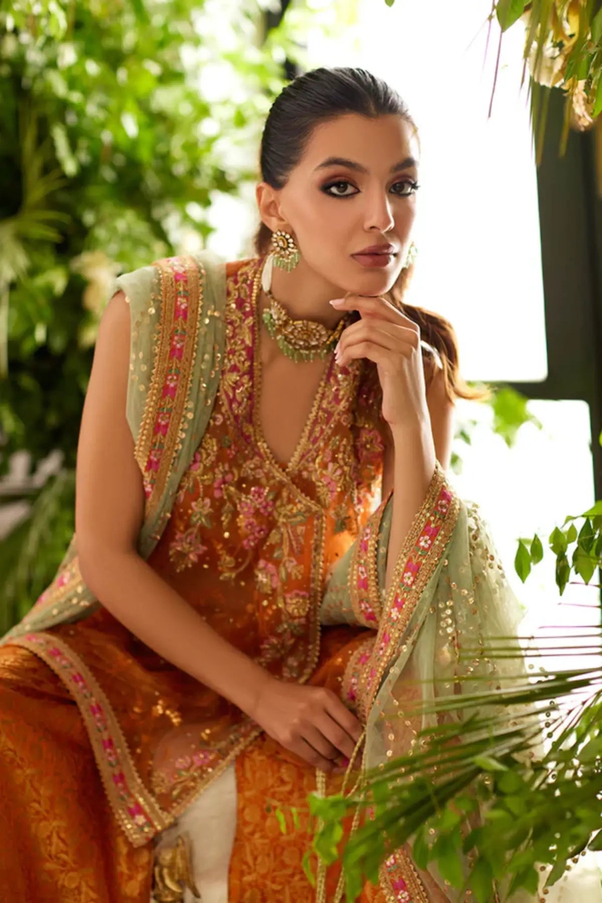Sienna Rust Orange Handmade Formal Net Shirt with Floral Embroidery, Silk Jamawar Wide Leg Pants and Net Dupatta