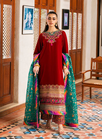 Sifa Rust Red Velvet Embroidered Suit by Zainab Chottani with Turquoise Organza Dupatta from the Velvet Stitched ’25 Collection at Pakistanimoda.com.