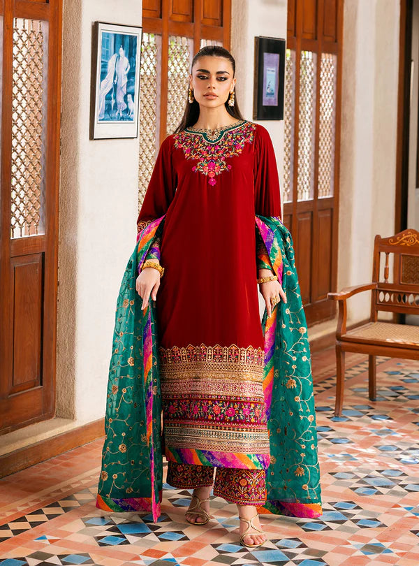 Sifa Rust Red Velvet Embroidered Suit by Zainab Chottani with Turquoise Organza Dupatta from the Velvet Stitched ’25 Collection at Pakistanimoda.com.