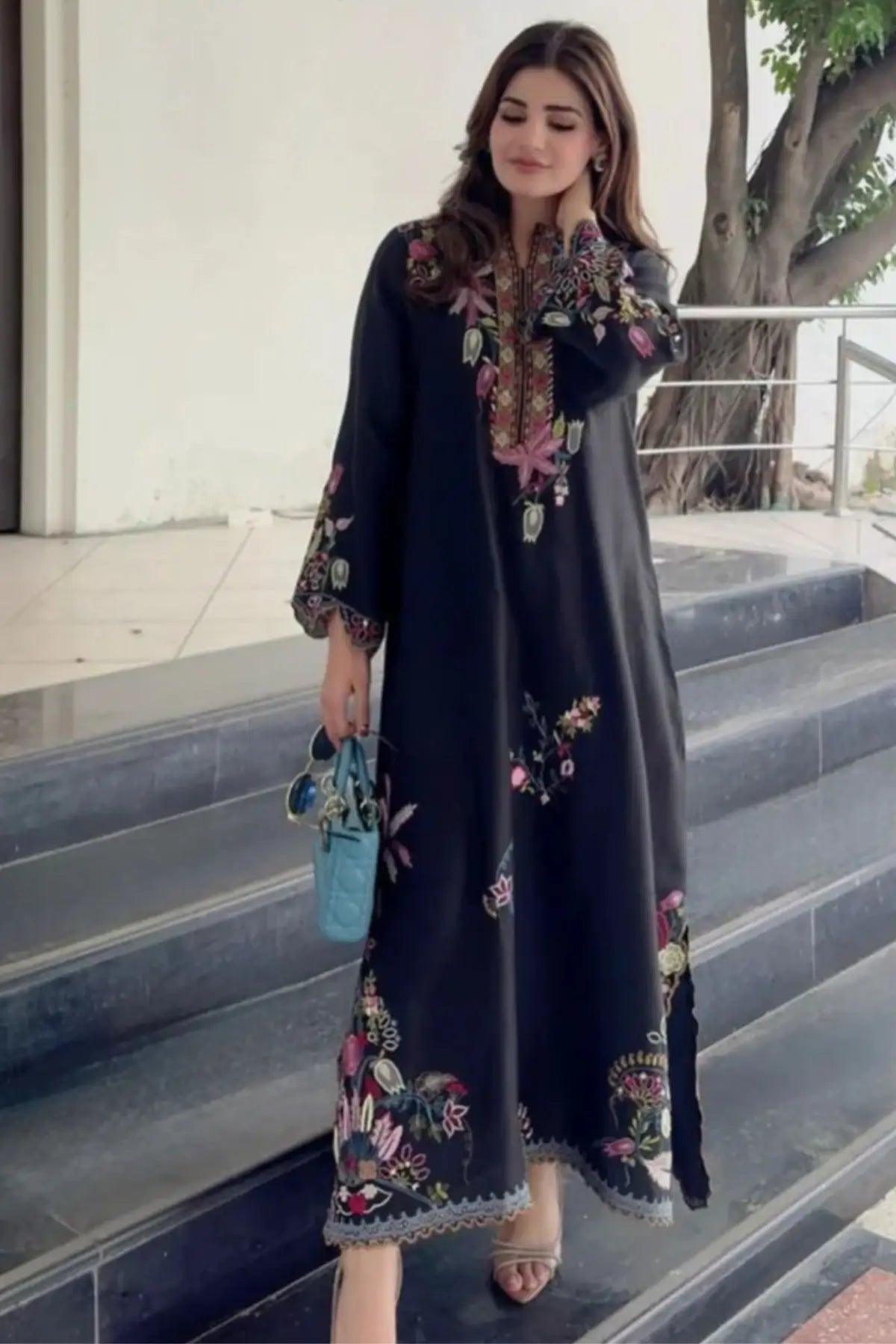 Sijjal black khaadi silk stitched kaftan with mirror work and cutwork embroidery