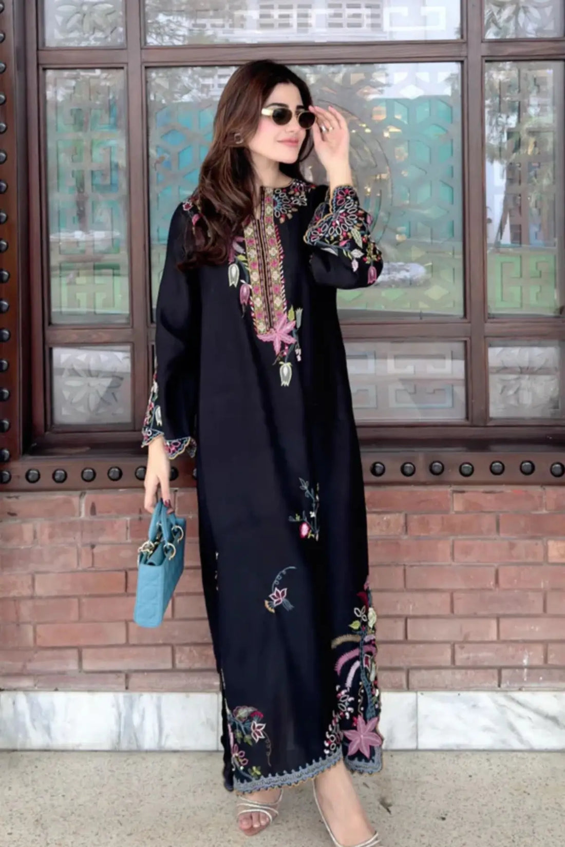 Sijjal black khaadi silk stitched kaftan with mirror work and cutwork embroidery