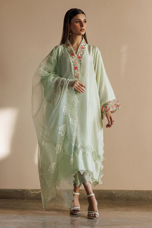 Light green Pakistani raw silk outfit with lace pants and organza dupatta.