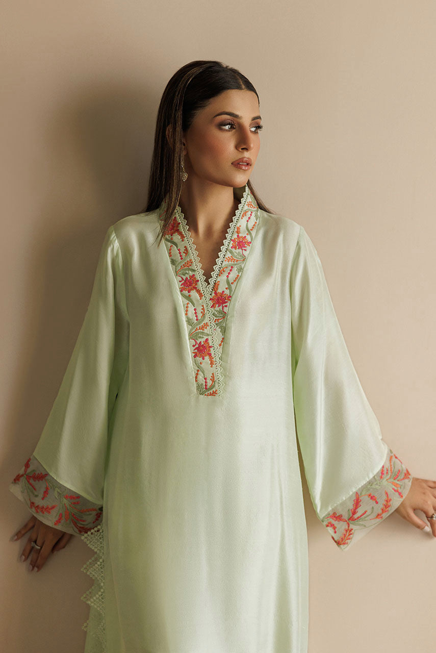 Light green Pakistani raw silk outfit with lace pants and organza dupatta.