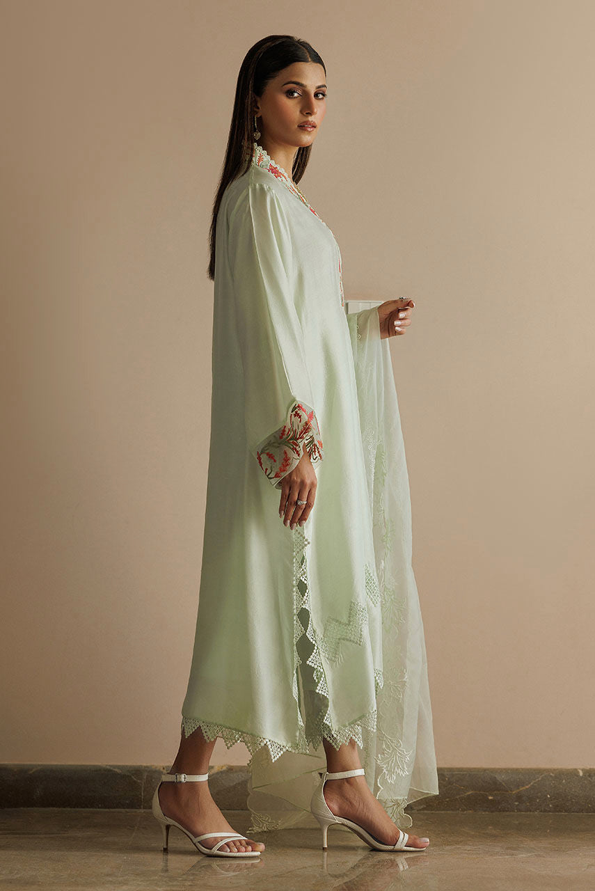 Light green Pakistani raw silk outfit with lace pants and organza dupatta