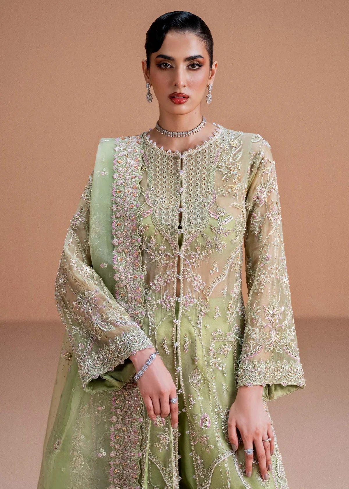 Sila by Kanwal Malik lime green embroidered organza ensemble for weddings