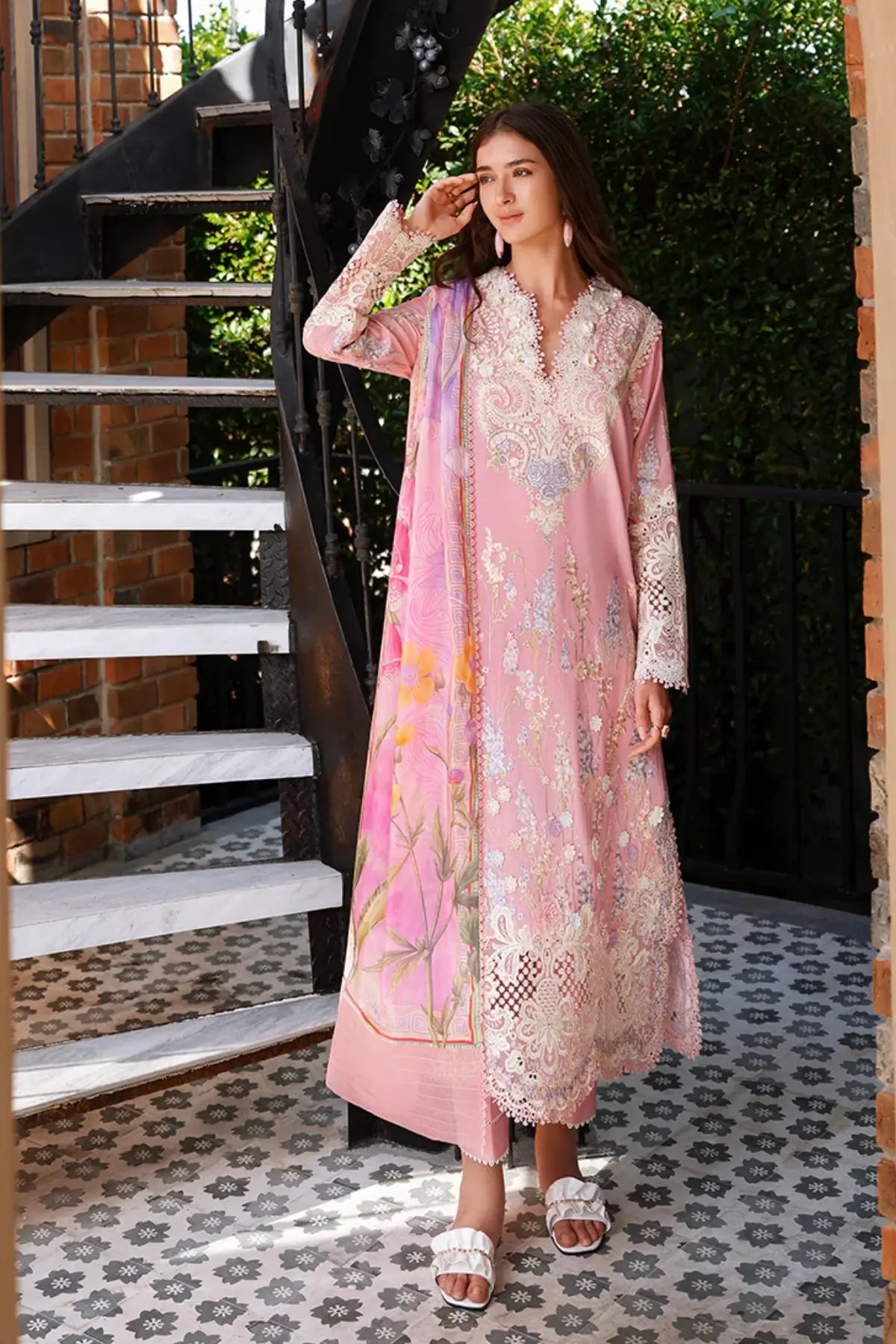Silent Vows by Mushq pink stitched luxury lawn 3PC with embroidery, cotton trouser and silk dupatta
