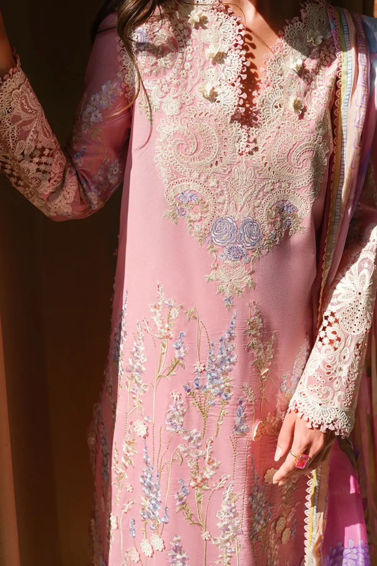 Silent Vows by Mushq pink stitched luxury lawn 3PC with embroidery, cotton trouser and silk dupatta