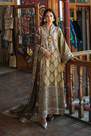 Silk Road by Mushq Broadway Winter 2026 olive green embroidered herringbone stitched winter festive suit with shawl