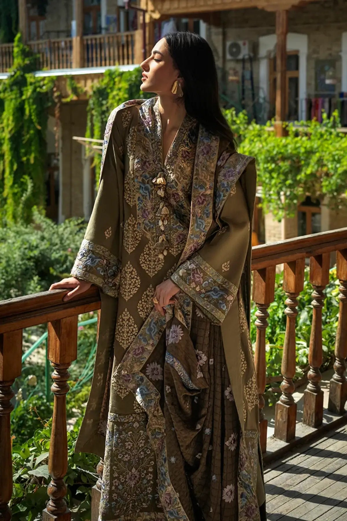 Silk Road by Mushq Broadway Winter 2026 olive green embroidered herringbone stitched winter festive suit with shawl