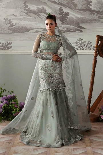 Silvenza luxury grey mint net bridal lehenga style ensemble with dupatta by Akbar Aslam, hand-embellished couture for weddings and receptions.