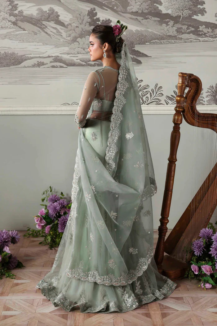 Silvenza luxury grey mint net bridal lehenga style ensemble with dupatta by Akbar Aslam, hand-embellished couture for weddings and receptions.