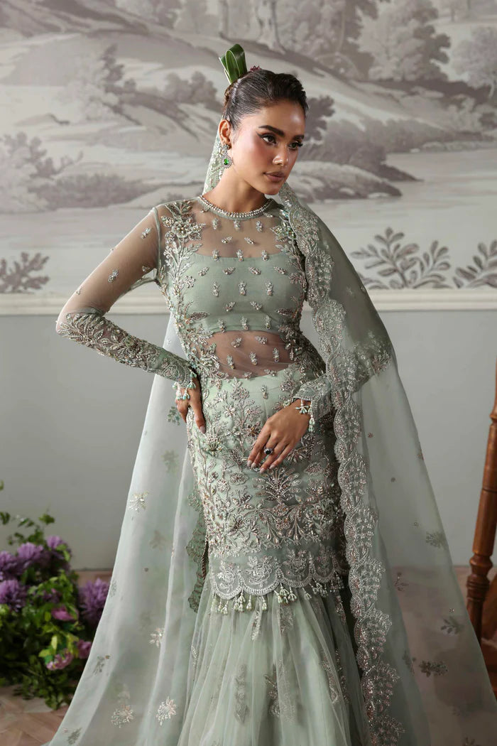 Silvenza luxury grey mint net bridal lehenga style ensemble with dupatta by Akbar Aslam, hand-embellished couture for weddings and receptions.