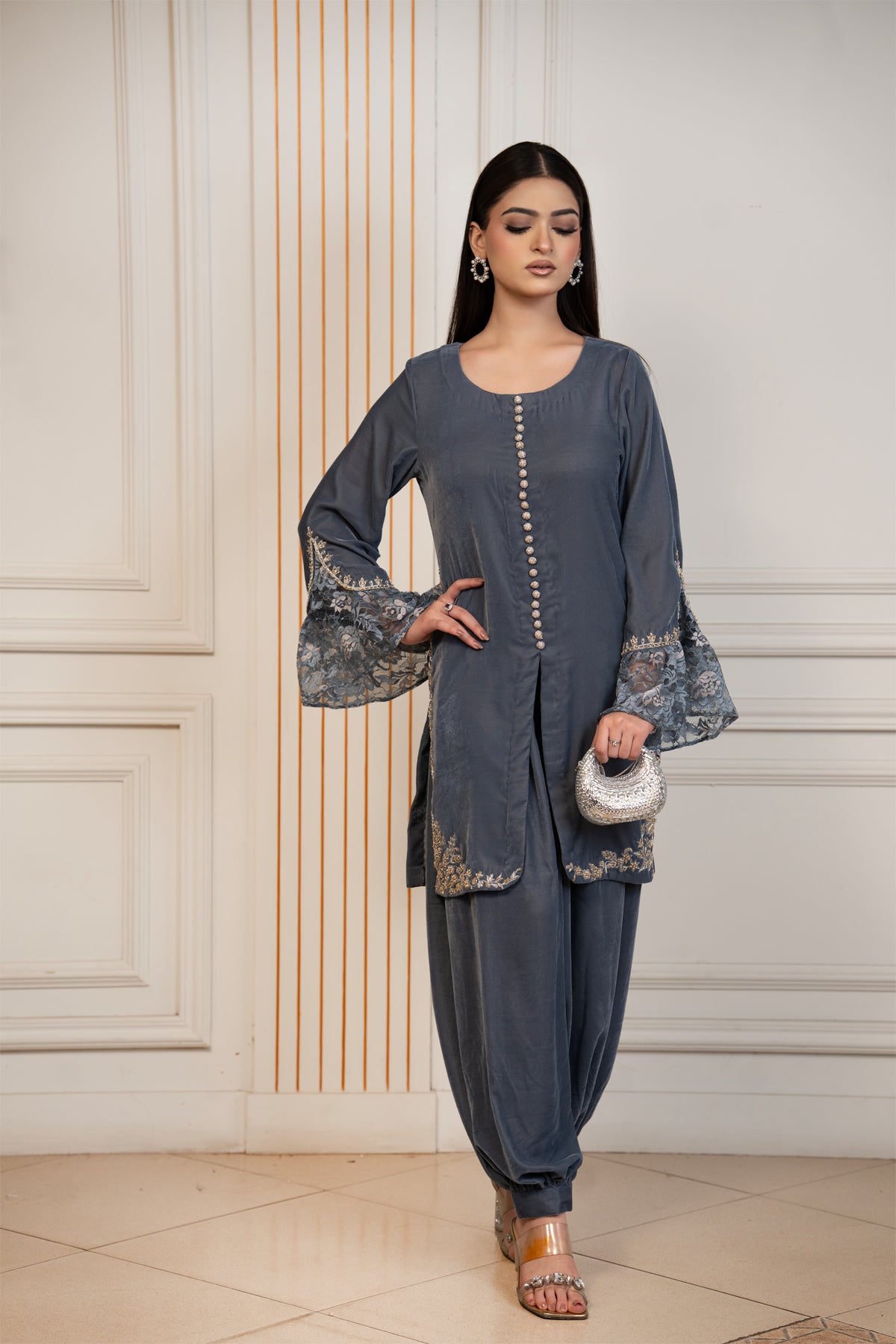 Silver Muse grey pure velvet winter co-ord set with floral lace bell sleeves and gold embroidery by MariamRaj