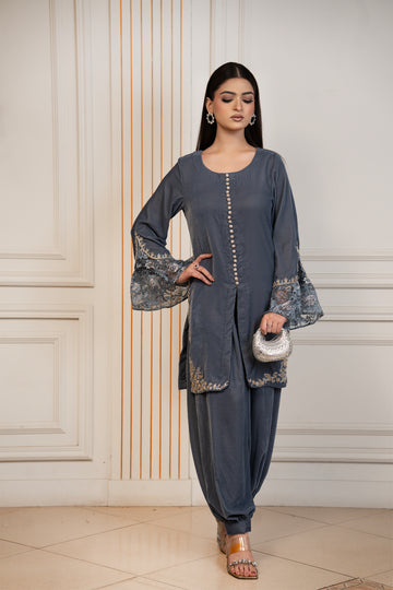 Silver Muse grey pure velvet winter co-ord set with floral lace bell sleeves and gold embroidery by MariamRaj