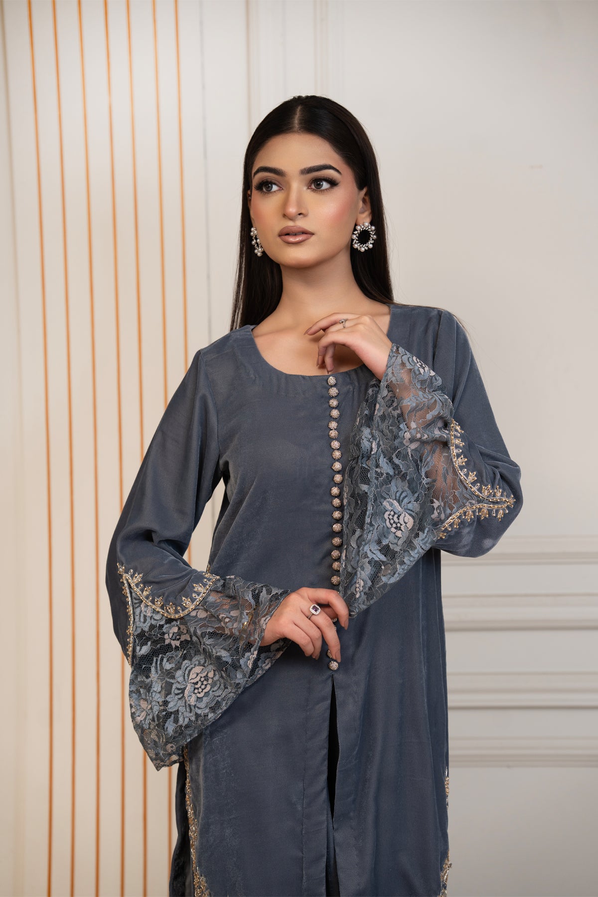 Silver Muse grey pure velvet winter co-ord set with floral lace bell sleeves and gold embroidery by MariamRaj