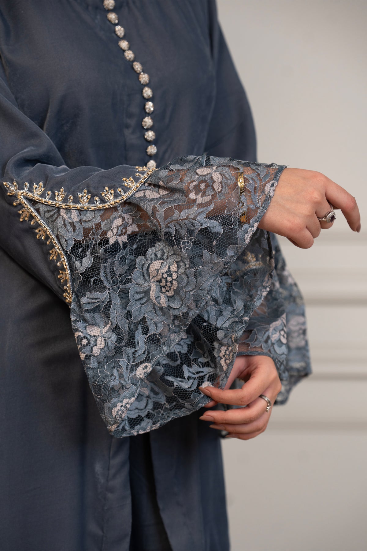 Silver Muse grey pure velvet winter co-ord set with floral lace bell sleeves and gold embroidery by MariamRaj