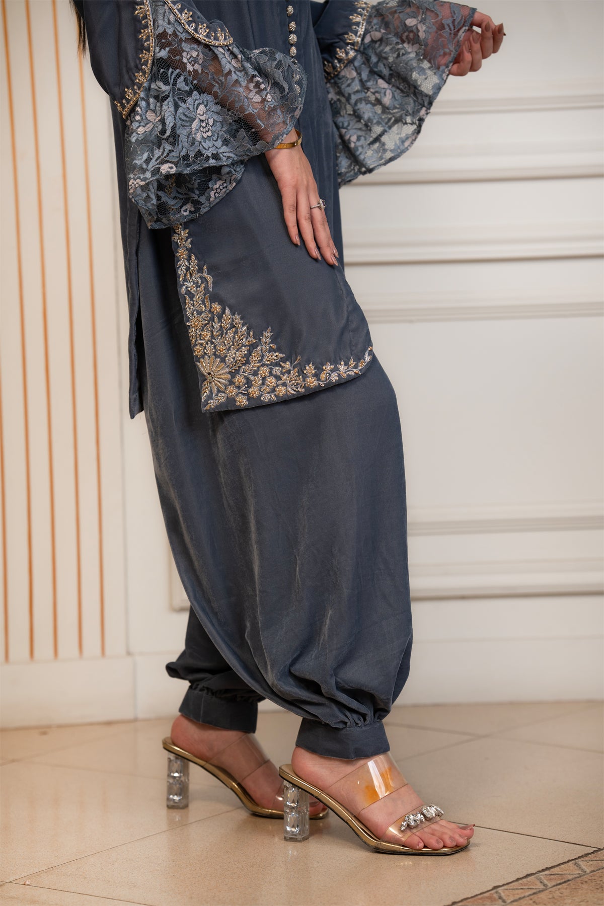 Silver Muse grey pure velvet winter co-ord set with floral lace bell sleeves and gold embroidery by MariamRaj