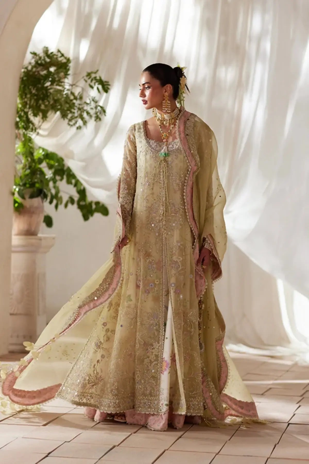 Silvia pastel yellow embellished organza wedding pishwas with floral raw silk slip, culottes and embroidered scalloped dupatta