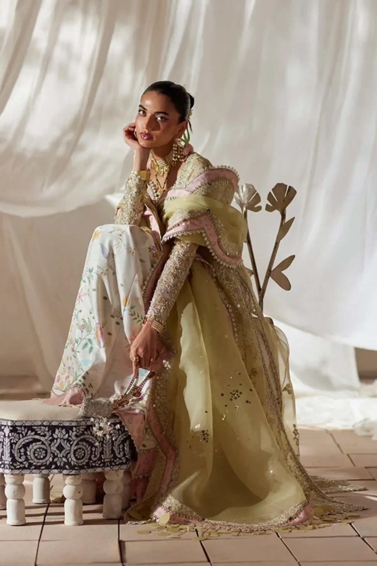 Silvia pastel yellow embellished organza wedding pishwas with floral raw silk slip, culottes and embroidered scalloped dupatta