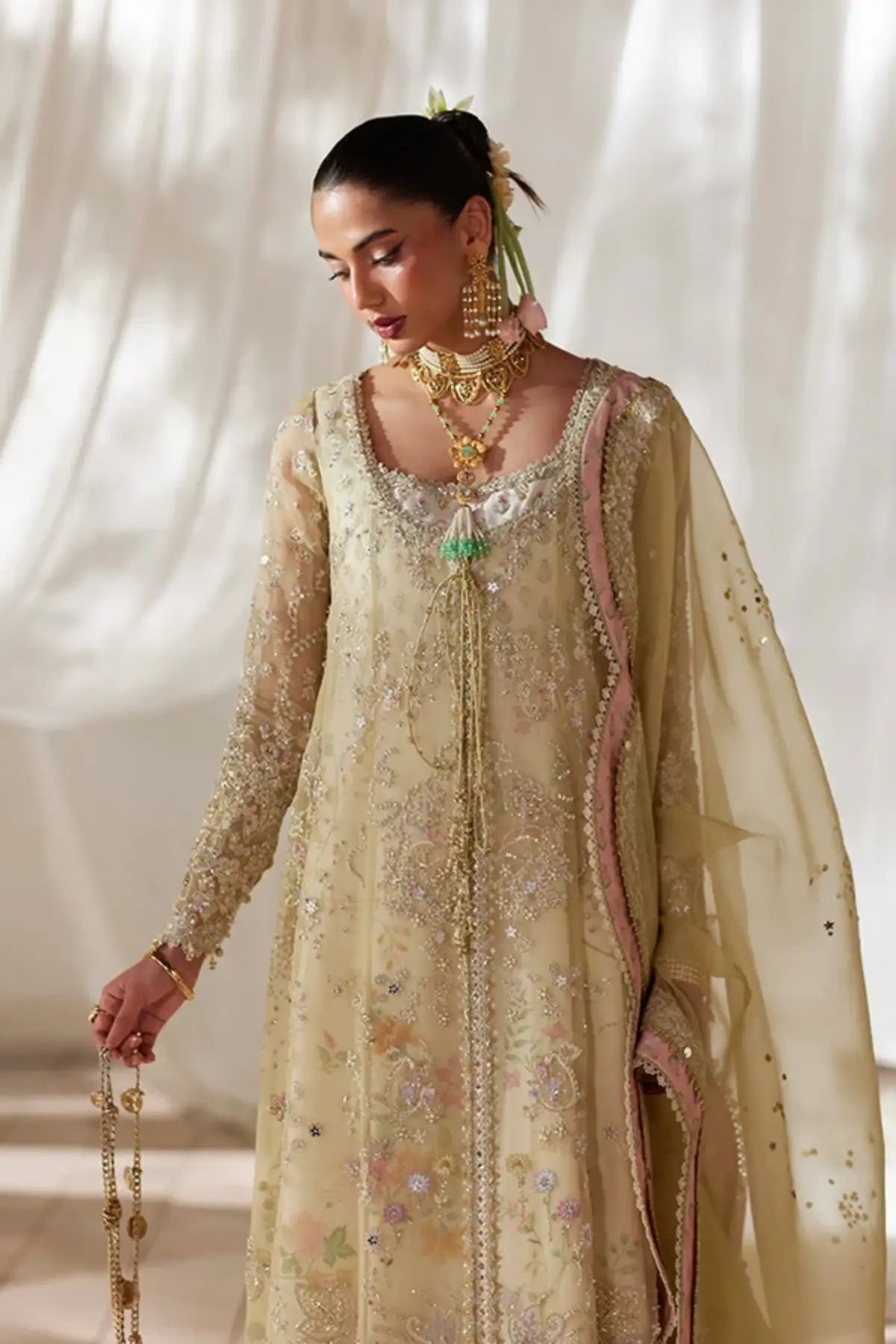 Silvia pastel yellow embellished organza wedding pishwas with floral raw silk slip, culottes and embroidered scalloped dupatta