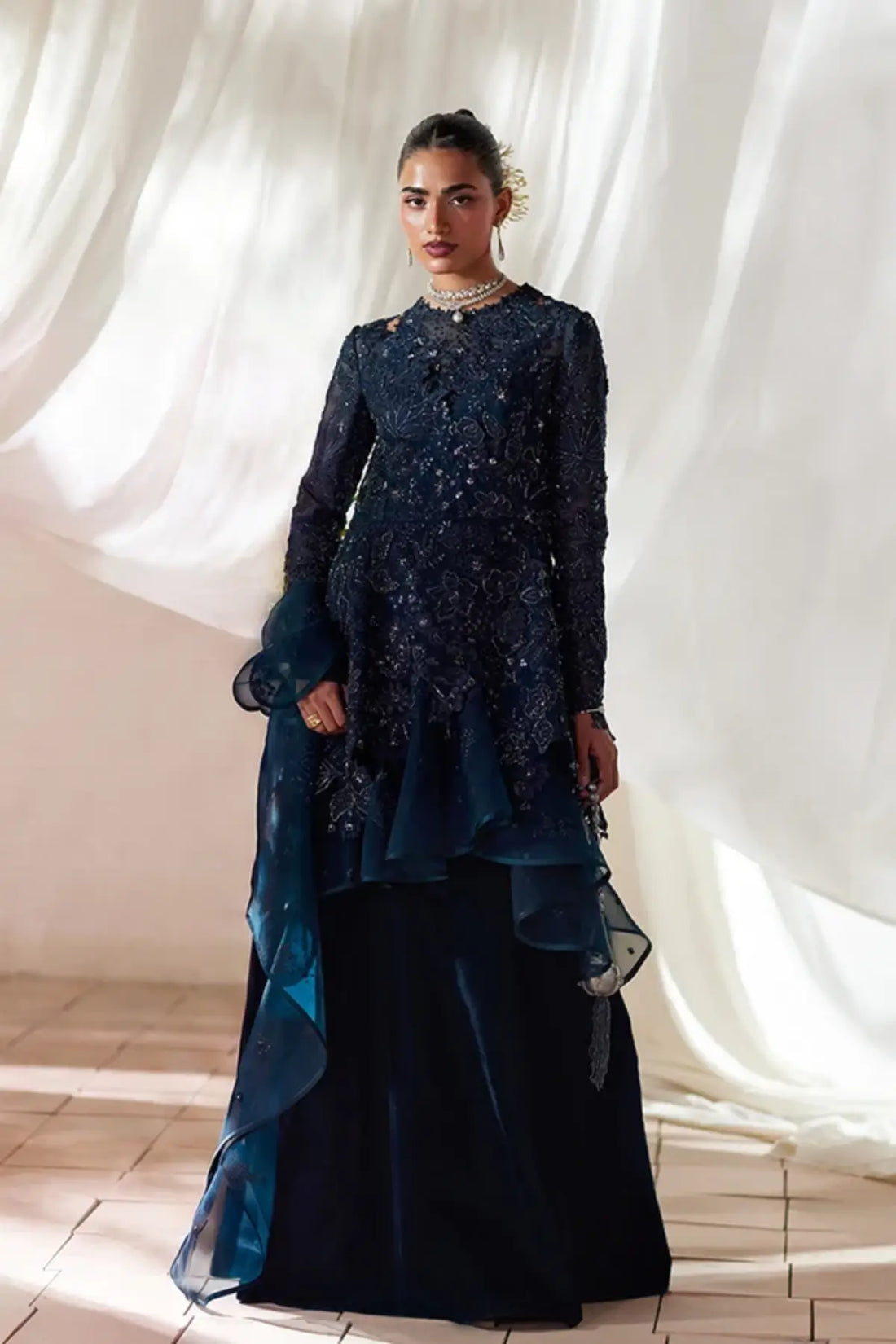 Simorah teal blue embroidered organza wrap peplum skirt suit with silver accents, textured velvet skirt, ruffled drape and embroidered dupatta