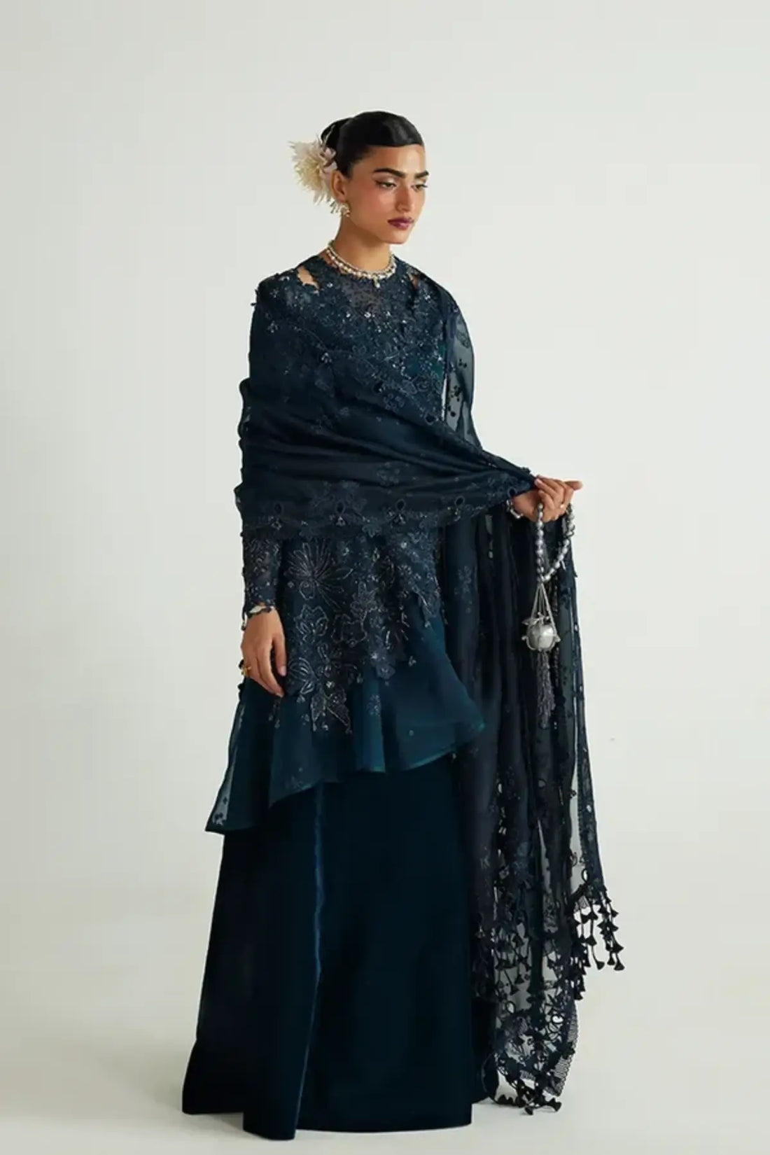 Simorah teal blue embroidered organza wrap peplum skirt suit with silver accents, textured velvet skirt, ruffled drape and embroidered dupatta