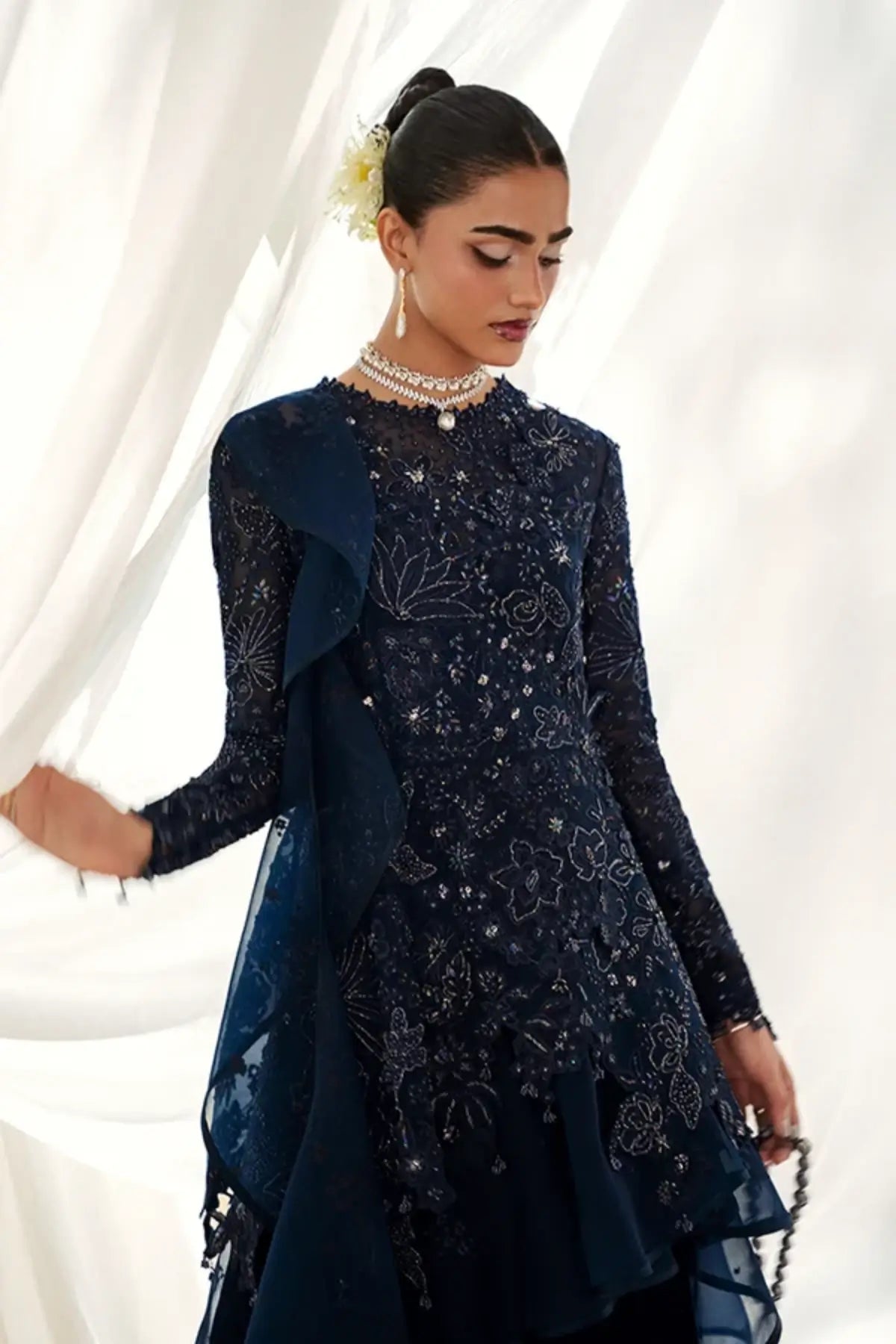 Simorah teal blue embroidered organza wrap peplum skirt suit with silver accents, textured velvet skirt, ruffled drape and embroidered dupatta