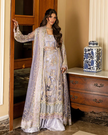 Simran lilac stitched outfit with long embroidered net straight shirt, Lehenga, and matching net dupatta from Mushq Darlings Wedding Collection at Pakistanimoda.