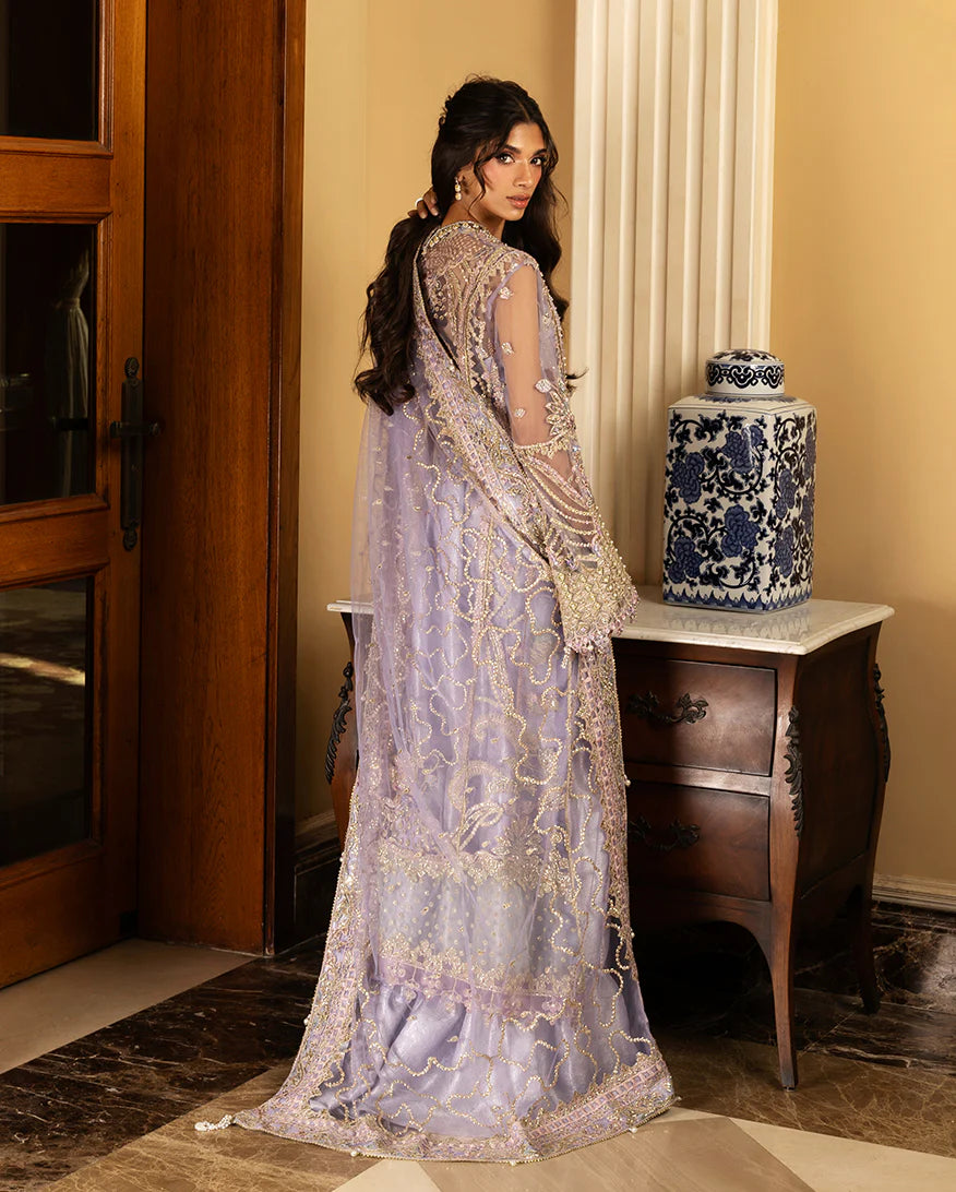 Simran lilac stitched outfit with long embroidered net straight shirt, Lehenga, and matching net dupatta from Mushq Darlings Wedding Collection at Pakistanimoda.