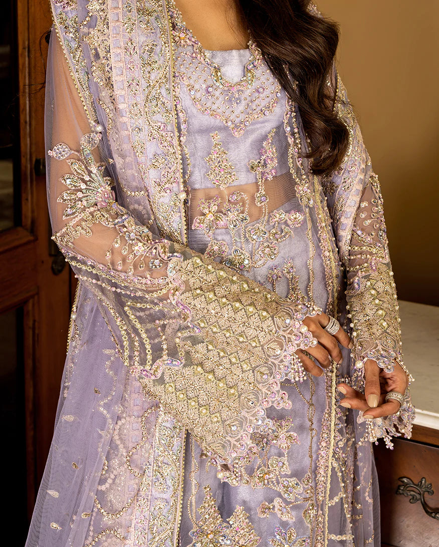 Simran lilac stitched outfit with long embroidered net straight shirt, Lehenga, and matching net dupatta from Mushq Darlings Wedding Collection at Pakistanimoda.